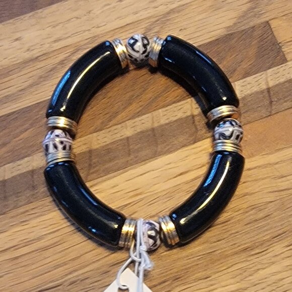 Meghan Browne Style GALA GB Black/Gold/White Chunky Stretch Resin Bead Bracelet - Picture 11 of 11